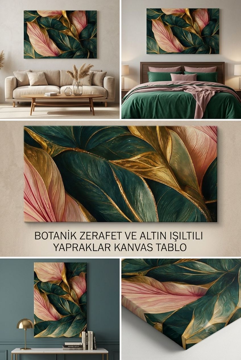 Modern Lüks Botanik Kanvas Tablo - Altın Varak Detaylı ve Zümrüt Yeşili Yapraklar - Ev Dekoru İçin Şık Odak Noktası