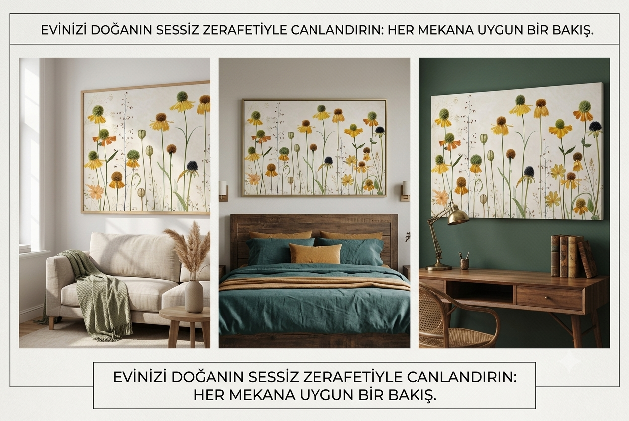 Modern Botanik Kır Çiçekleri Kanvas Tablo - Vintage Bej Arka Planlı, Sarı ve Yeşil Detaylı Premium Duvar Dekorasyonu