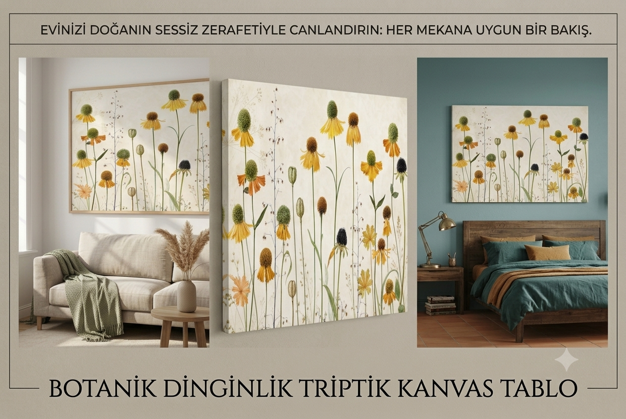 Modern Botanik Kır Çiçekleri Kanvas Tablo - Vintage Bej Arka Planlı, Sarı ve Yeşil Detaylı Premium Duvar Dekorasyonu