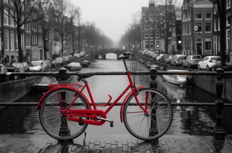 Kırmızı Bisiklet - Siyah Beyaz Amsterdam Kanal Manzarası Kanvas Tablo