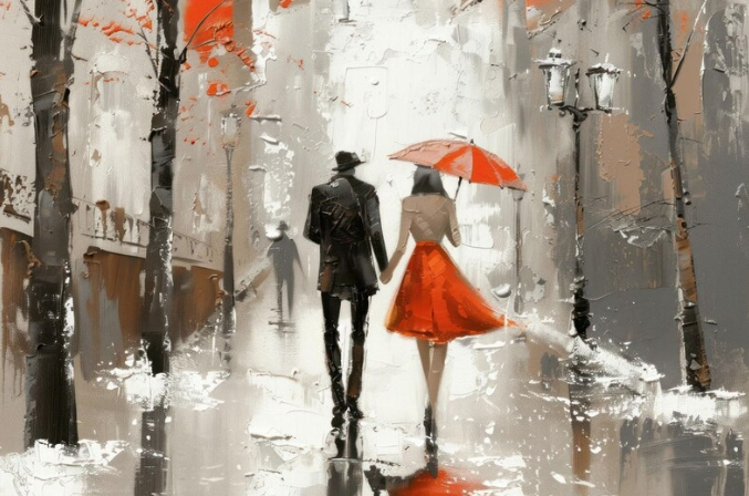 Kırmızı Şemsiyenin Altında – Romantik Çift Canvas Tablo