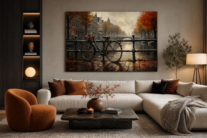 Amsterdam'da Sonbahar Akşamı – Kanal Kenarında Bisiklet Kanvas Tablo
