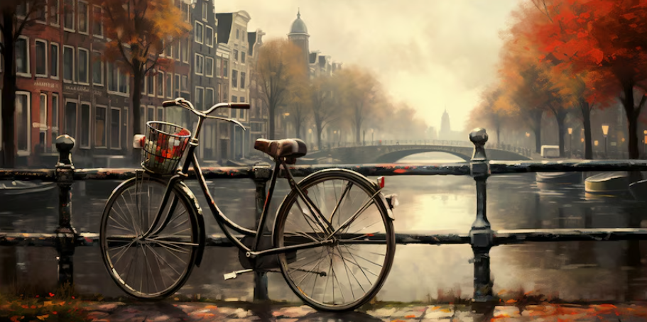 Amsterdam'da Sonbahar Akşamı – Kanal Kenarında Bisiklet Kanvas Tablo