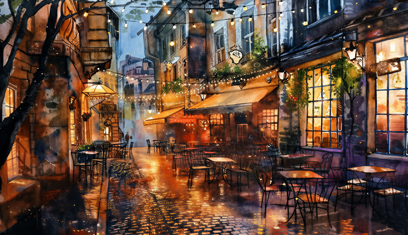 Akşam Işıkları – Nostaljik Kafe Sahnesi Kanvas