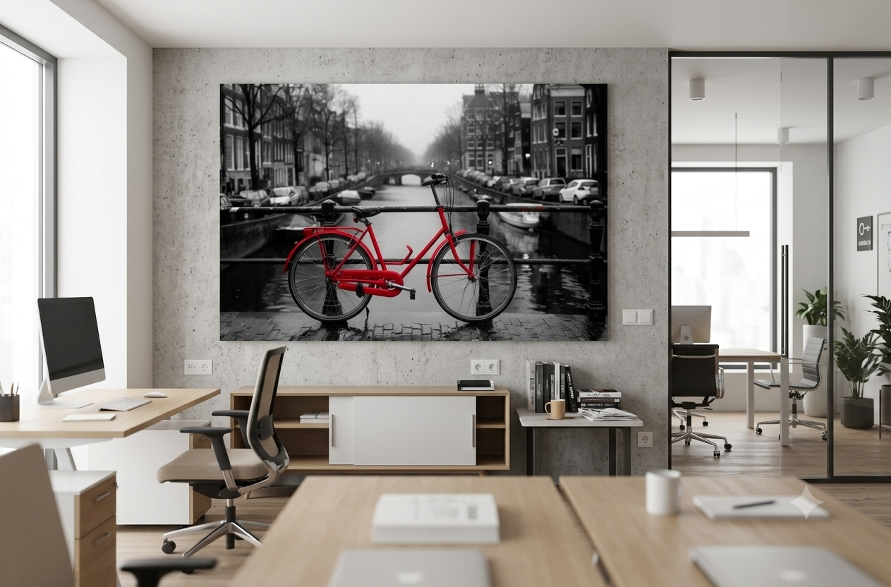 Kırmızı Bisiklet - Siyah Beyaz Amsterdam Kanal Manzarası Kanvas Tablo